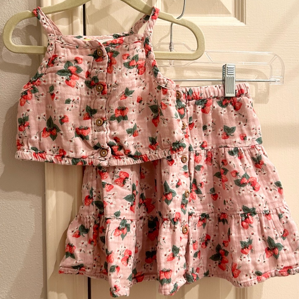 Mini Boden Pink Strawberry Top Skirt Matching Set 2-3 Years